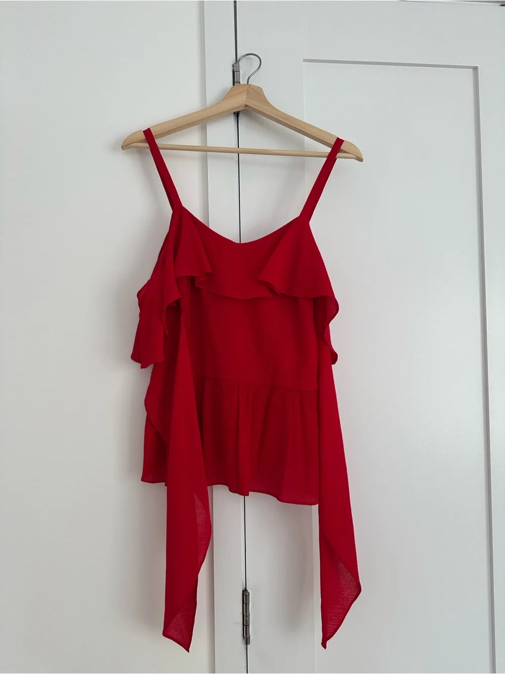 Club Monaco Red Ruffle Cold-Shoulder Top - Picture 3 of 5